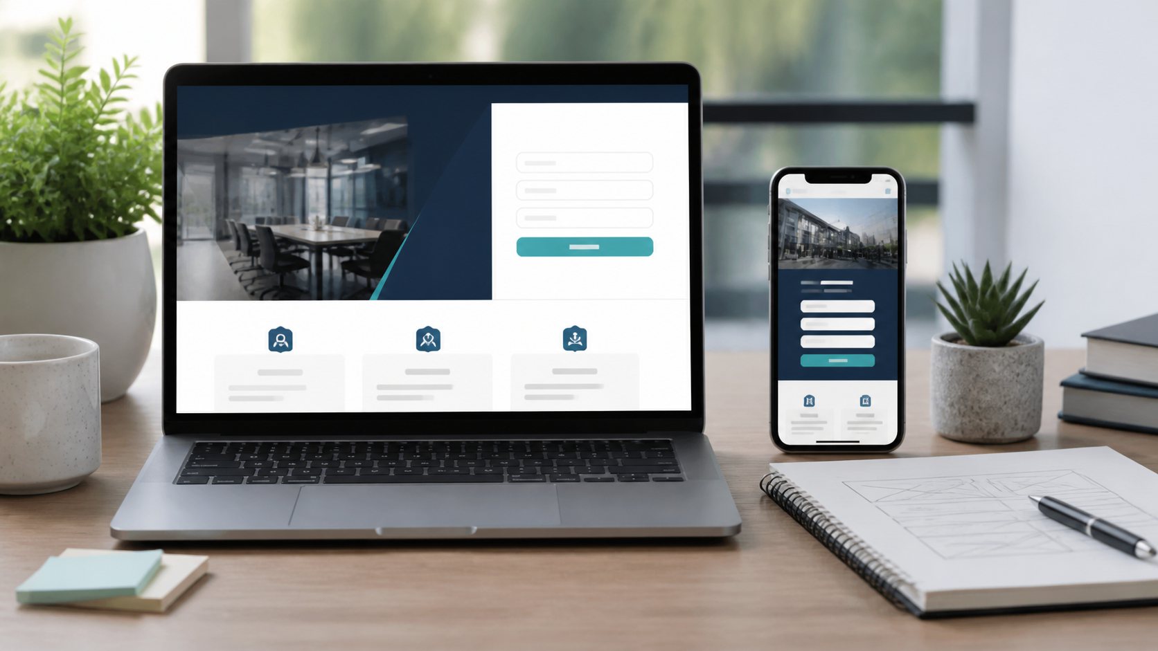 Portatil y movil mostrando una web de empresa preparada para captar contactos