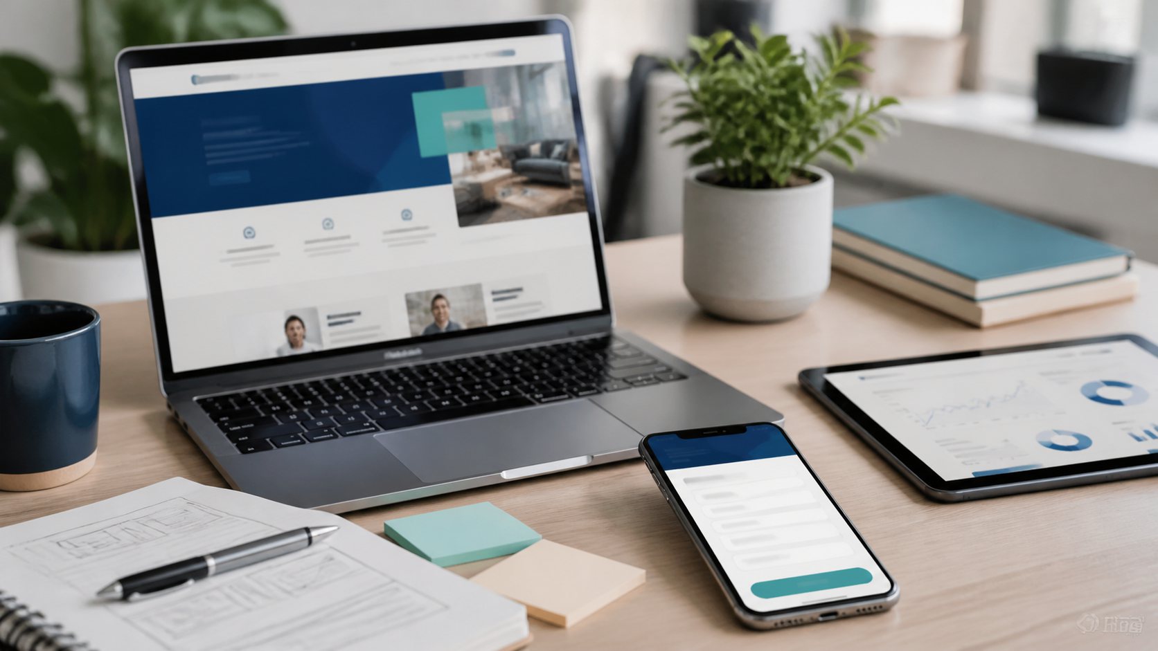 Mesa de trabajo con web corporativa, formulario movil y analitica de conversion