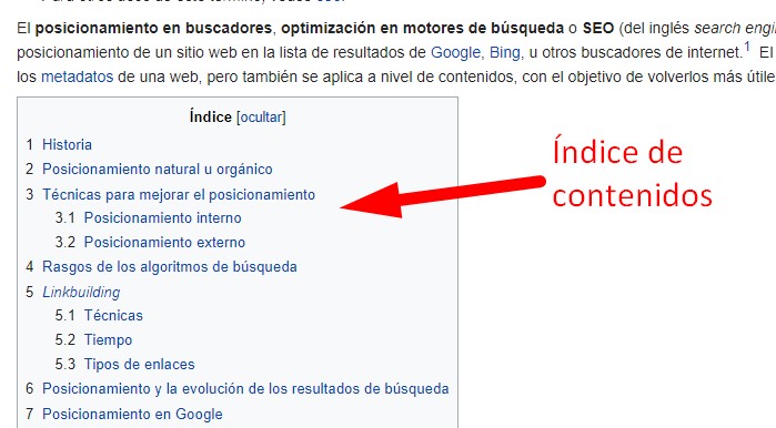 Índice de contenidos dentro de un artículo extenso
