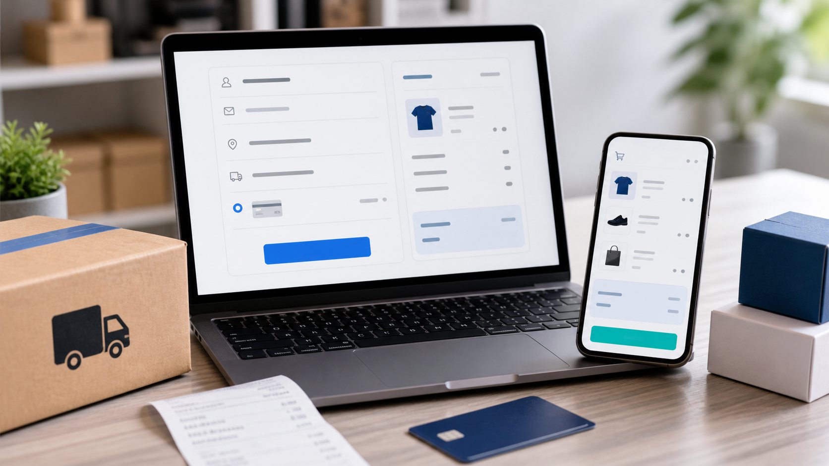 Pantallas de checkout ecommerce con carrito, envio, pago y paquetes de producto
