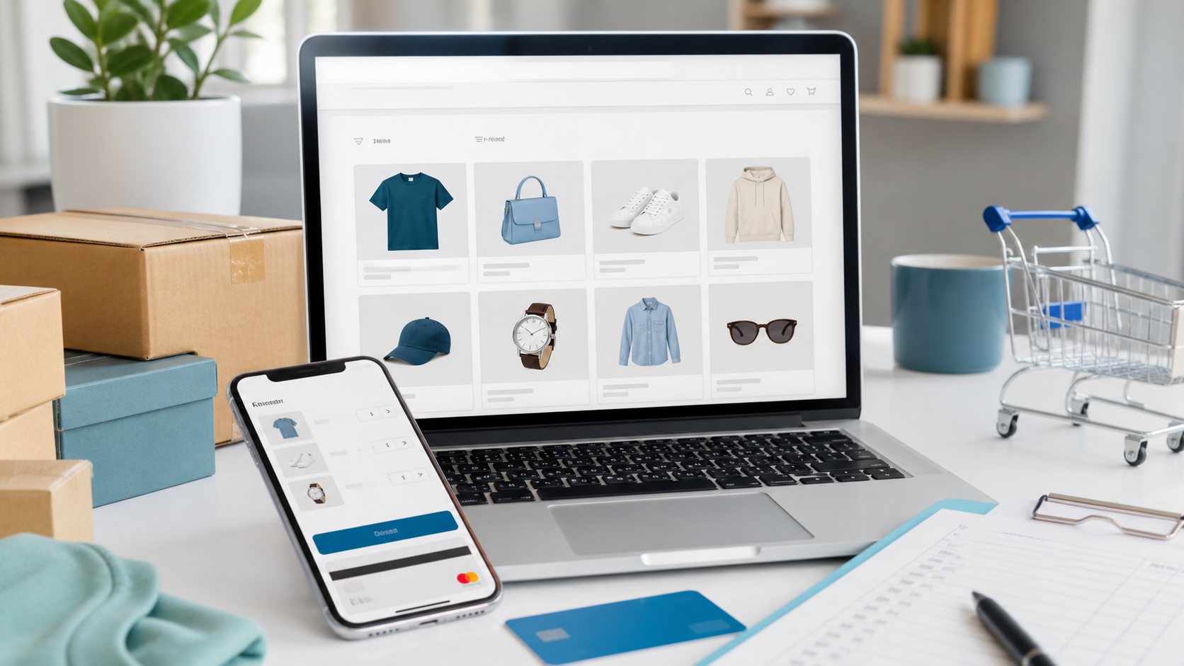 Portatil con tienda online, productos, carrito movil y material de envio