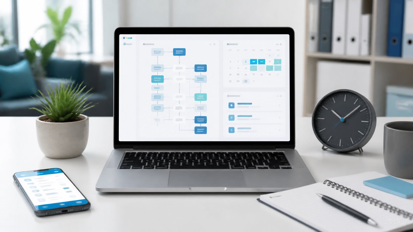 Portatil con flujo de automatizacion, calendario y reloj para ahorrar tiempo en una pyme