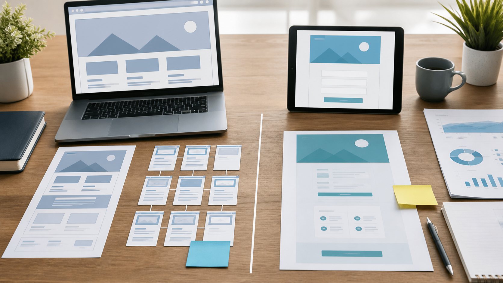 Mesa de estrategia con wireframes para decidir entre landing page y web corporativa