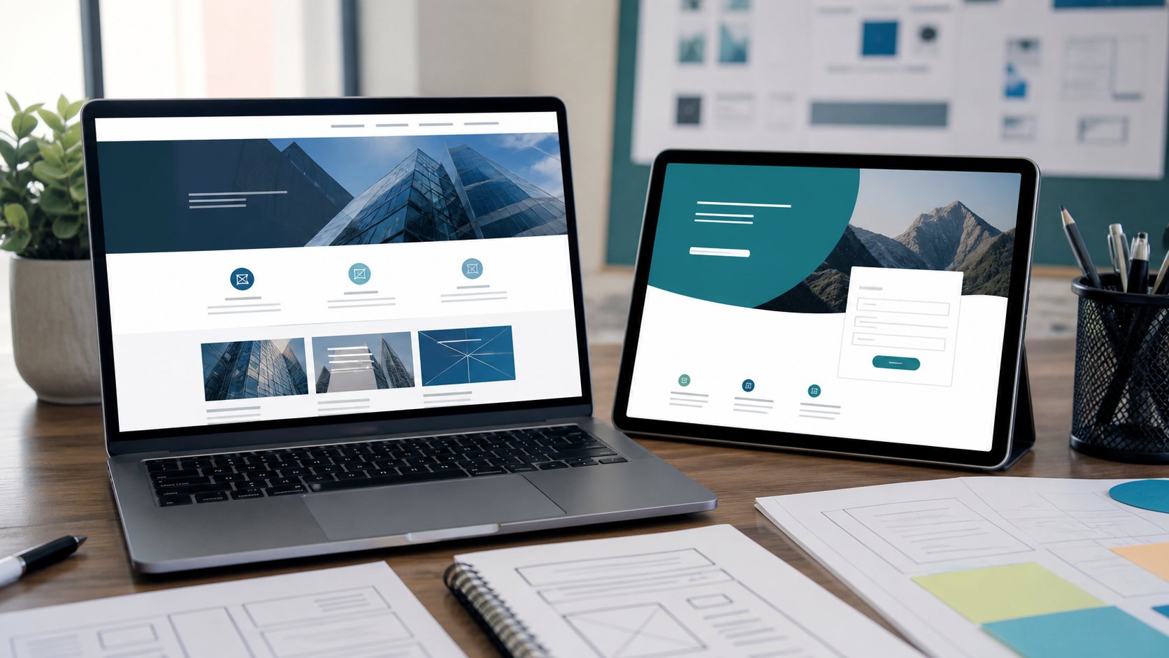 Portatil y tablet comparando una web corporativa con una landing page