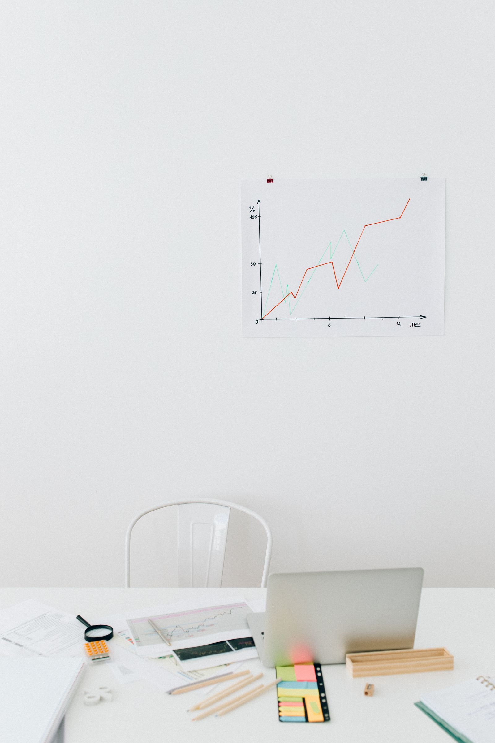 Mesa de trabajo con portátil, documentos y gráficas para analizar resultados
