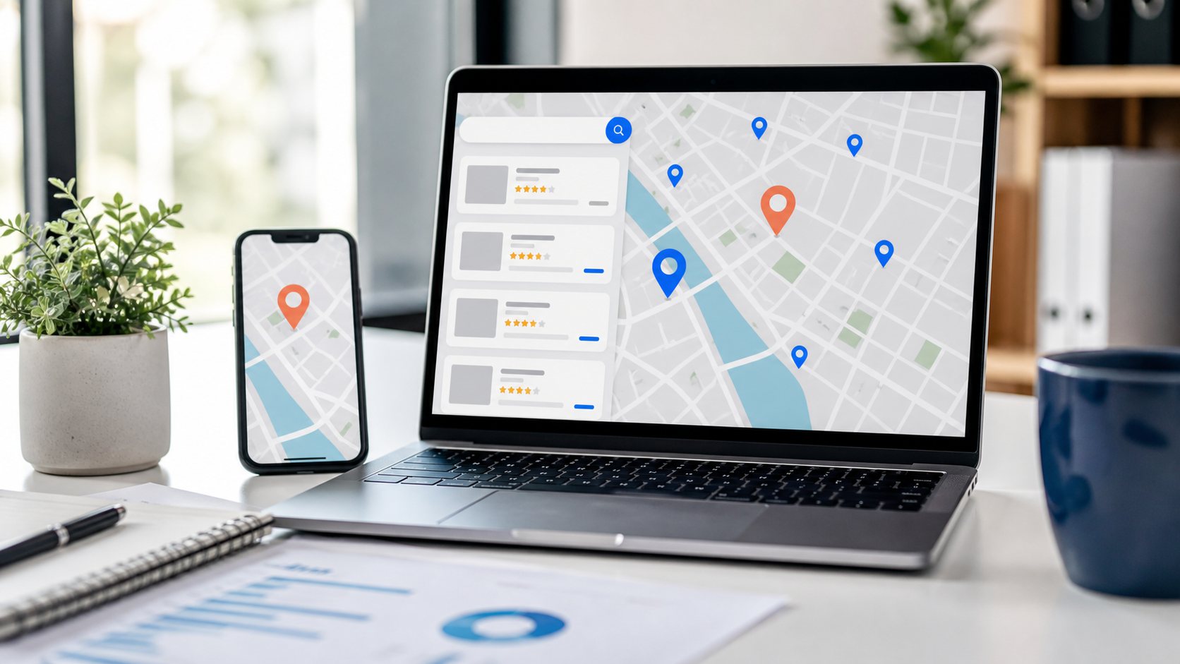 Portatil y movil mostrando una busqueda local con mapa y negocios cercanos
