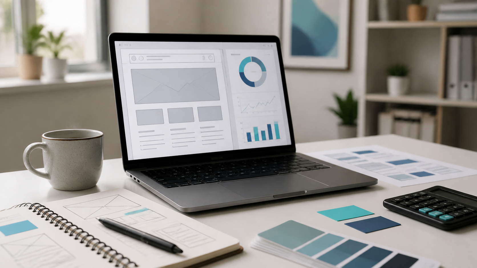 Portatil con estructura web, graficas y materiales de planificacion de una pagina profesional