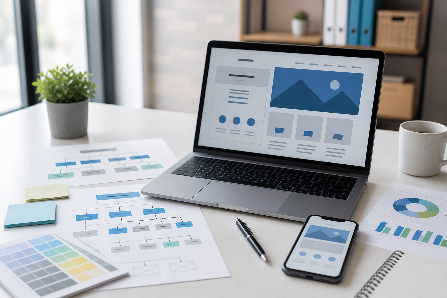 Mesa de trabajo con portatil, mapa web, vista movil y graficas para planificar una web profesional