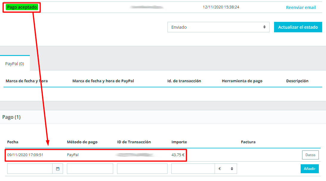 Pedido de PrestaShop con un único registro de pago aceptado