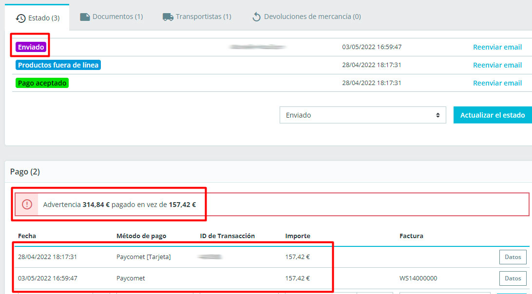 Pedido de PrestaShop con un pago duplicado después de cambiarlo a Enviado