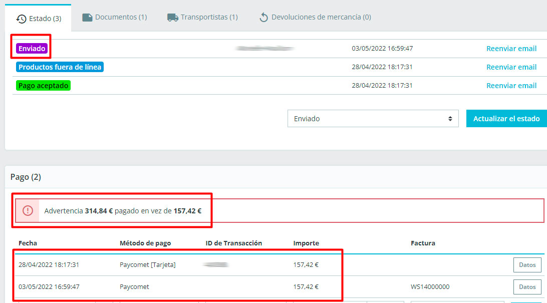 Pago doble por cambio de Estado en Pedido Prestashop